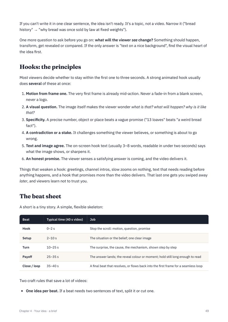 Book page 49: the principles of a hook, and a beat sheet table.