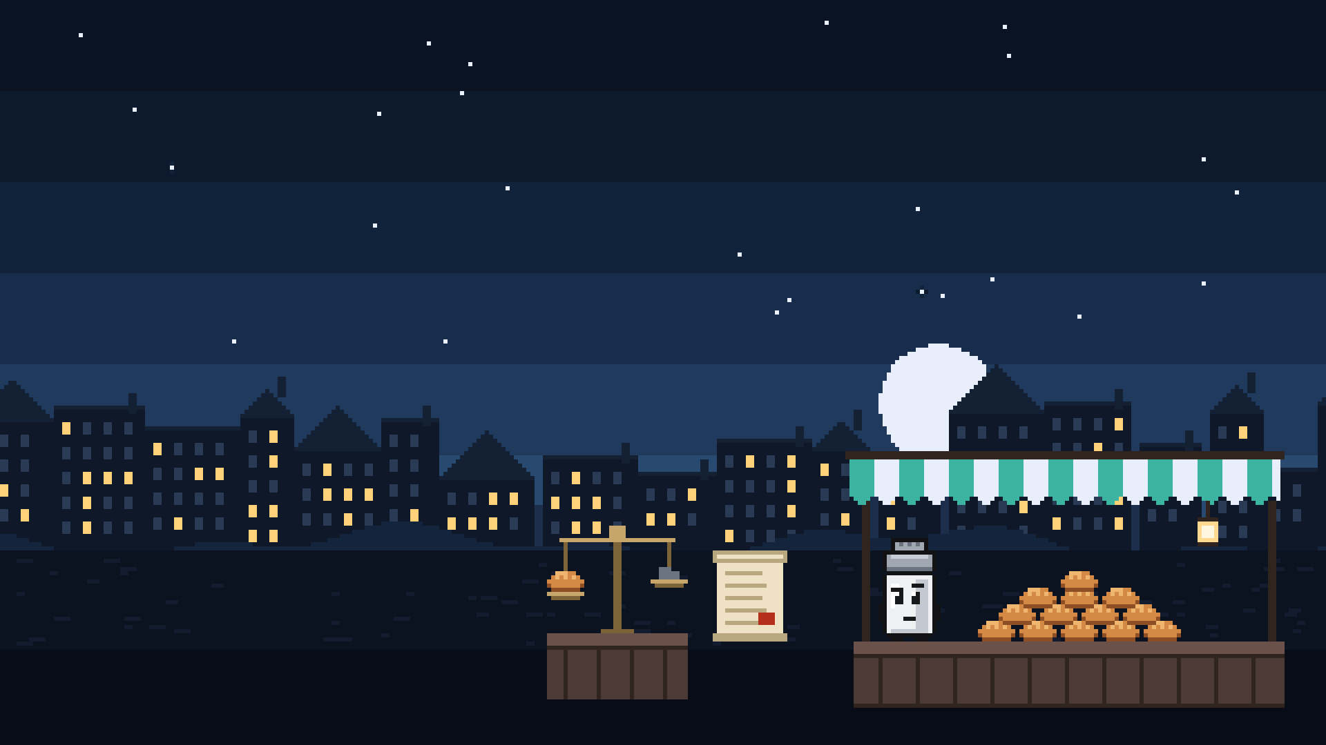 A pixel market at night with a balance scale weighing a loaf and an old scroll of bread law beside it.