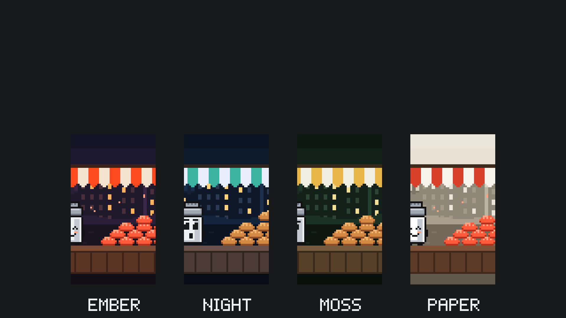 Four test frames of the same pixel scene in four colour moods: ember, night, moss and paper.