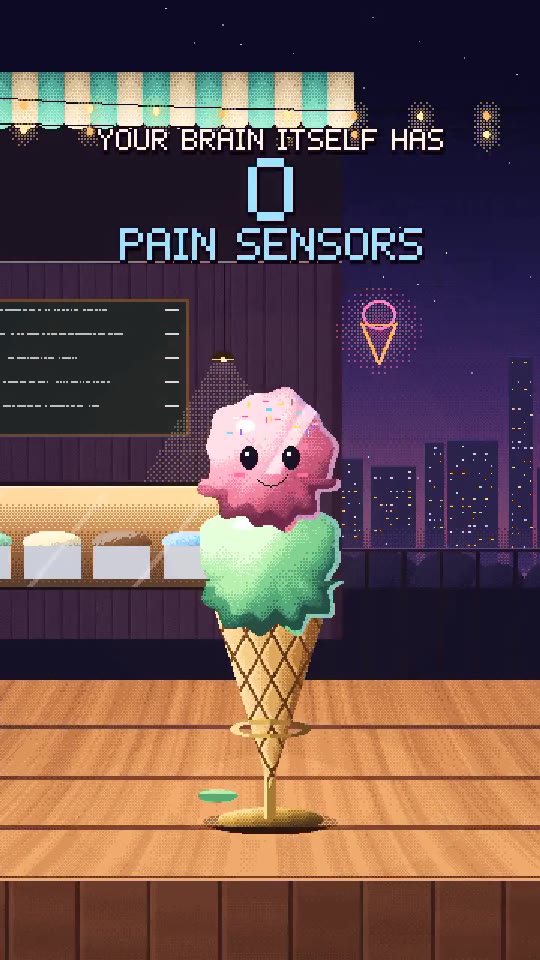 Pixel-art frame: a smiling ice cream cone and a sign reading 0 pain sensors