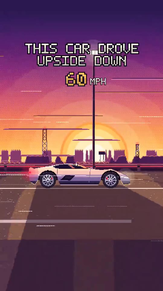 Pixel-art frame from This car drove upside down: a sports car on a road at sunset, 60 mph