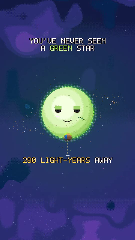 Pixel-art frame: a smiling green star, 280 light-years away