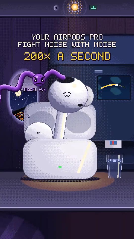 Pixel-art frame: earbuds in their case and a purple noise monster