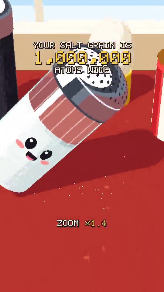 Pixel-art frame: a smiling salt shaker and the count 1,000,000 atoms wide